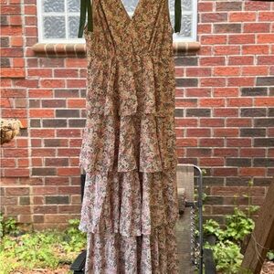 entro Floral Tiered Maxi Dress in Pink and Olive Green